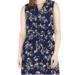 Catherine Malandrino Floral Dress Navy Sleeveless Tie Waist Pockets Size Small